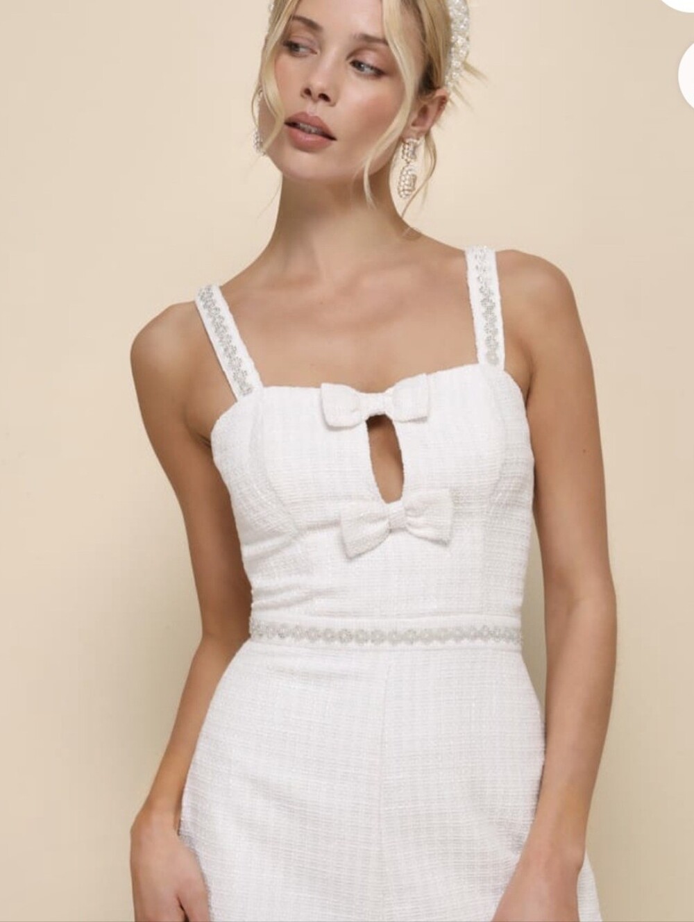 *NWT* Lulus Upscale Charm Ivory Tweed Pearl Beaded Cutout Bow Romper, size Large